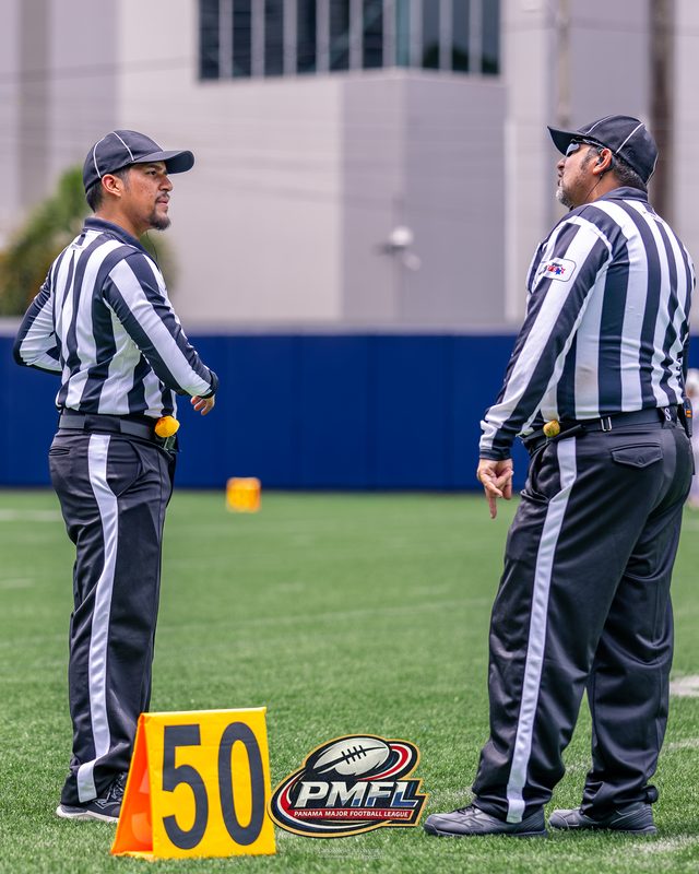 Dos árbitros conversan junto al marcador de la yarda 50 antes de reanudar el juego